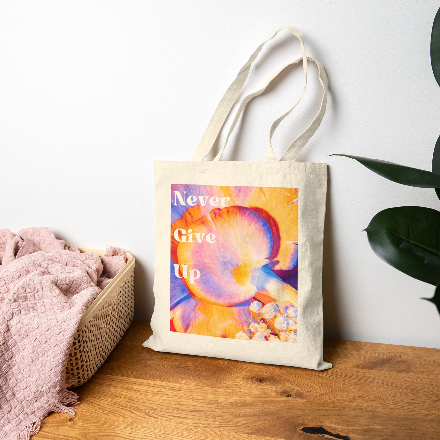 Never Give Up Mushroom Tote Bag – Inspirational Canvas Tote