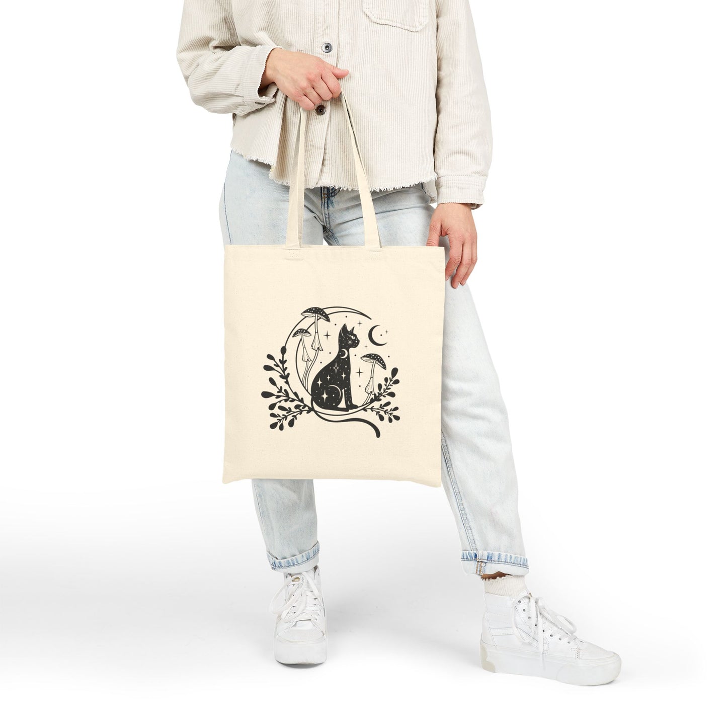 Mystic Cat & Moon Mushroom Tote Bag | Whimsical Canvas Tote