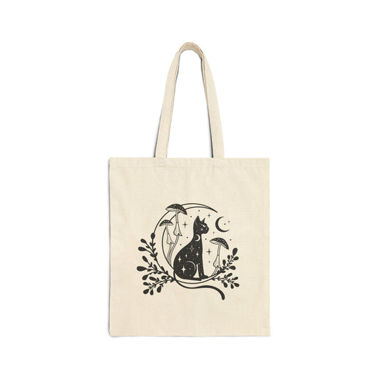 Mystic Cat & Moon Mushroom Tote Bag | Whimsical Canvas Tote